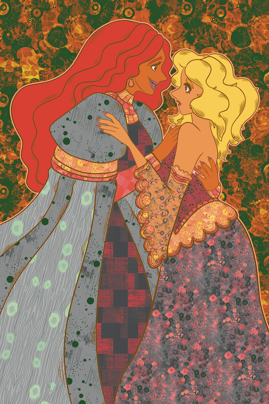 This digital art image shows two women, a princess and a maid that have fallen in love with each other.